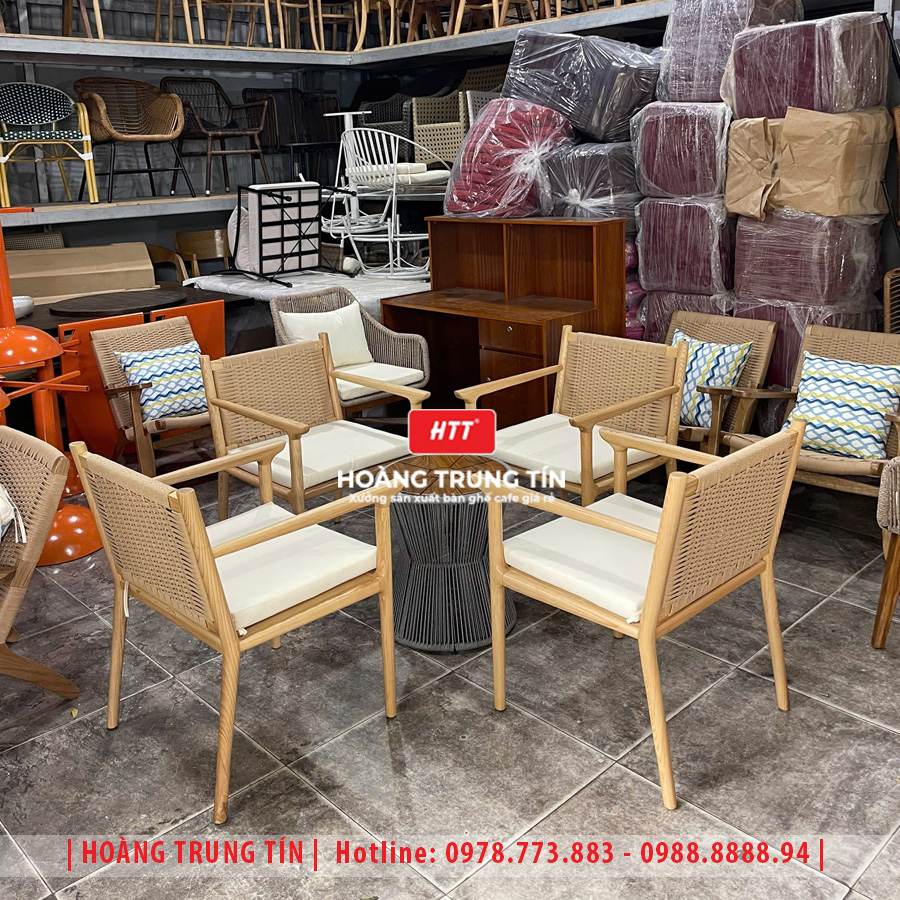 Bàn ghế cafe gỗ đan dây giấy se HTT02