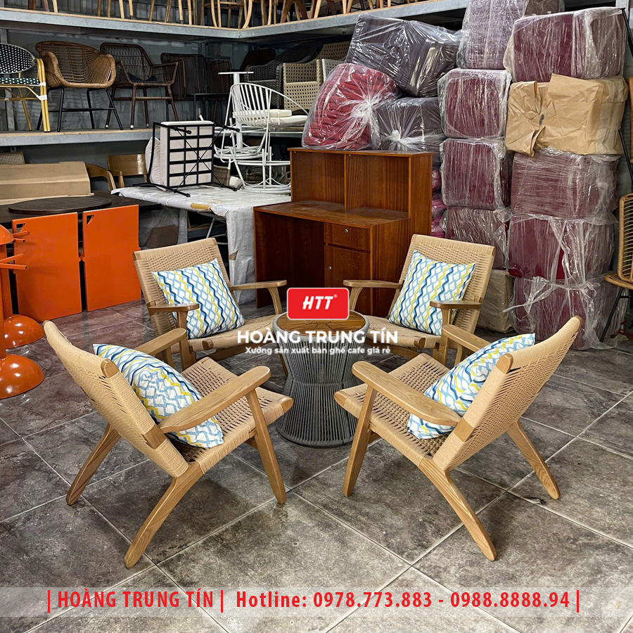 Bàn ghế cafe gỗ đan dây giấy se HTT03